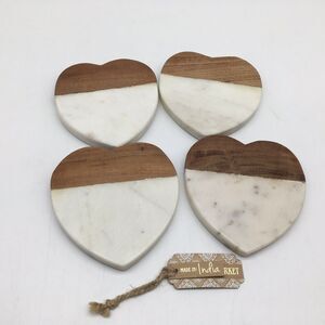 Heart Shape Wood And White Marble Coaster Set Of 4 New Made In India
